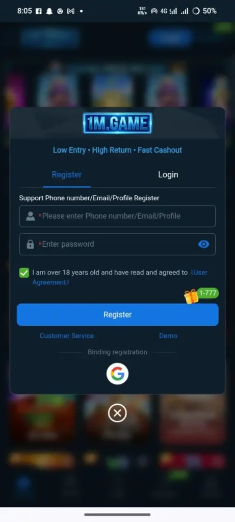 1M Game Register and Login