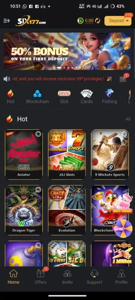 SIX777 Game Interface Screen