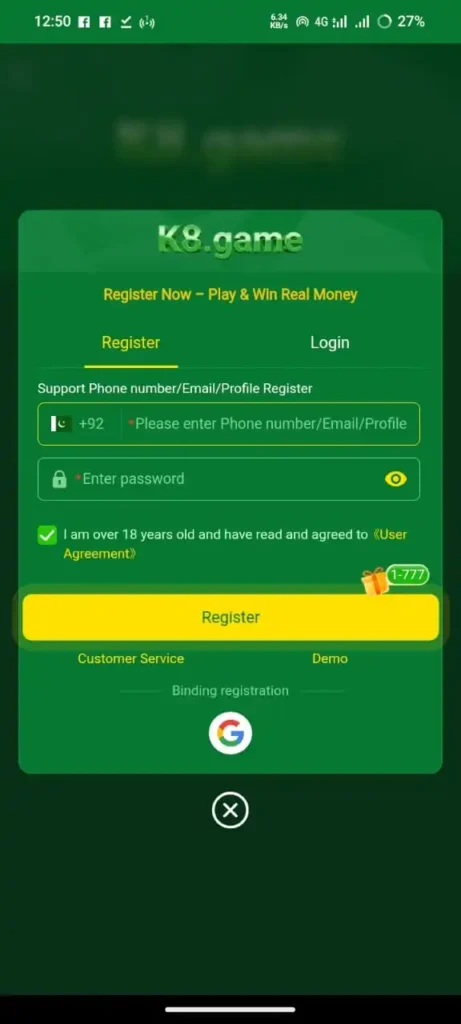 K8 Game Register and Login
