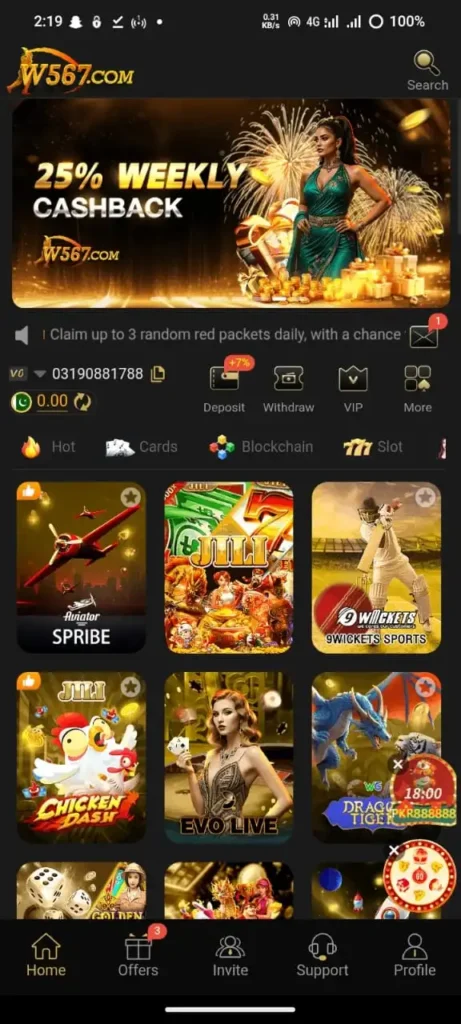 W567 Game Interface Screenshot