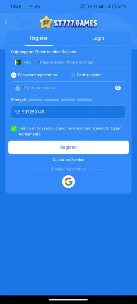 ST777 Game Register and Login