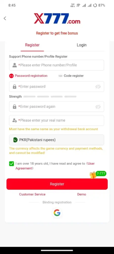 X777 Game Register and Login