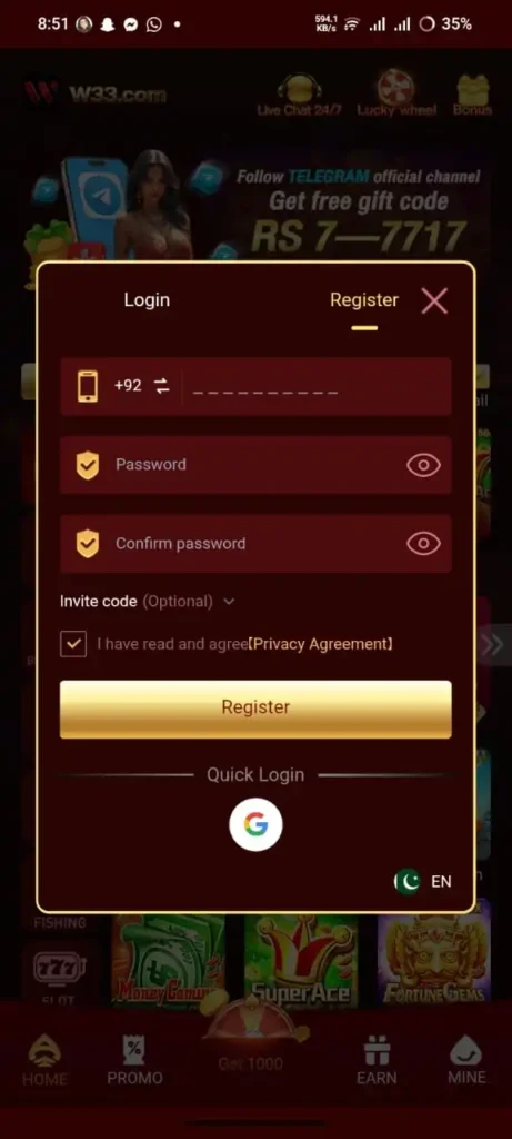 W33 Game Register and Login