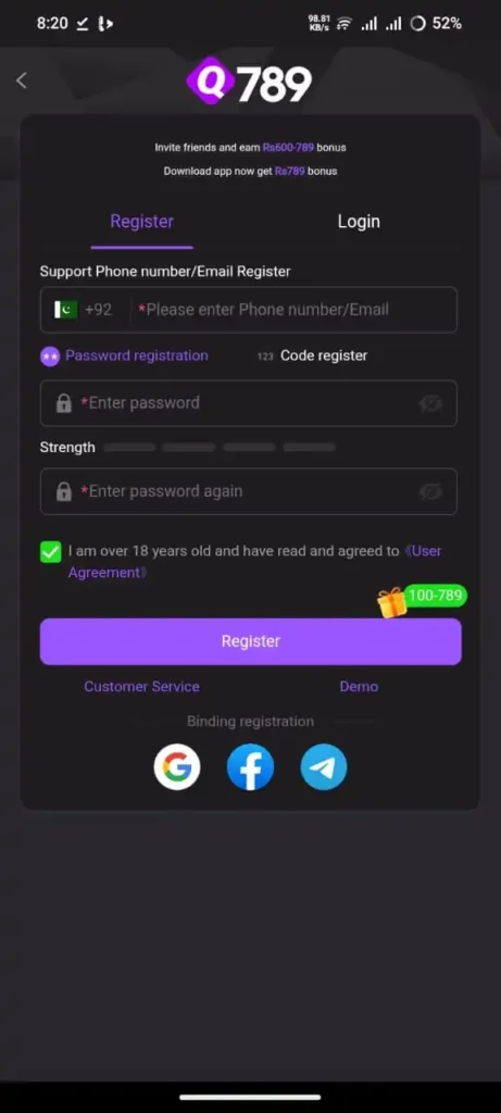 Q789 Game Register and Login
